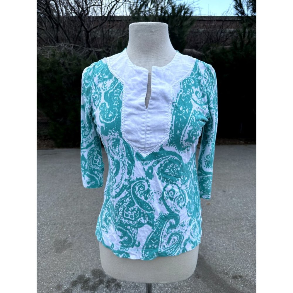 Lauren Ralph Lauren Shirt Medium Petite Teal Green 3/4 Sleeve V Neck Boho Womens